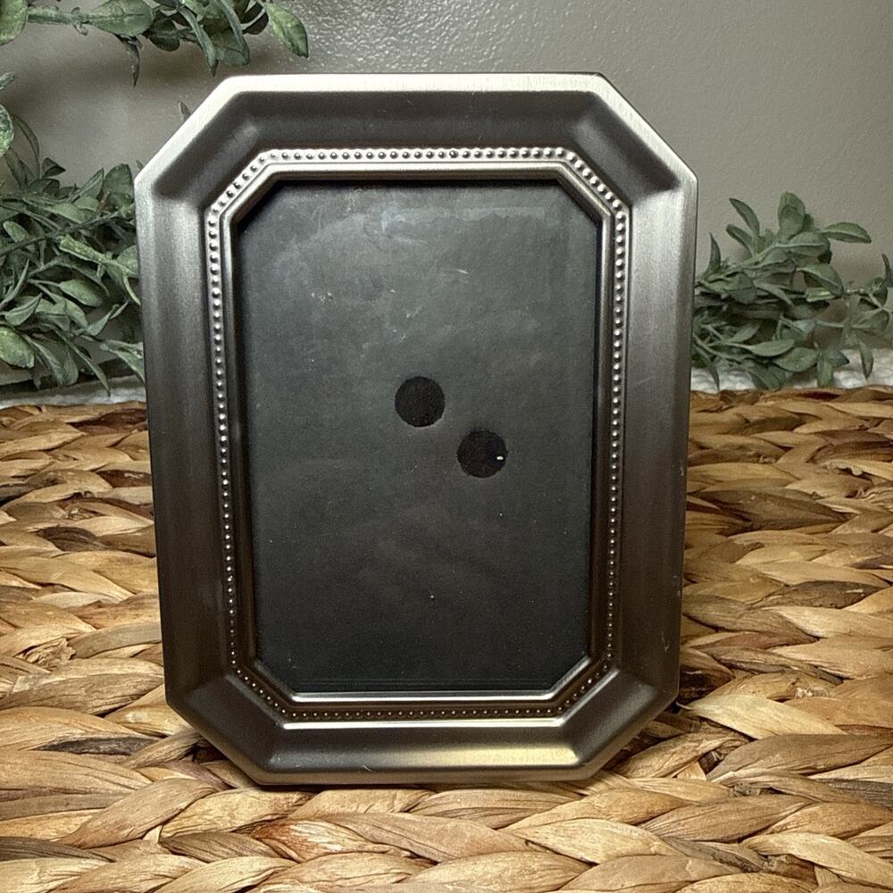 Burnes of Boston Pewter Gray Metal Picture Frame 3x5 Beaded Glass Easel Back Vtg